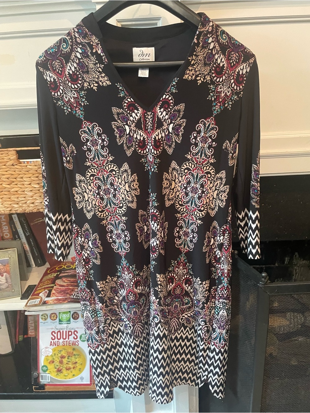 JM Collection Black Paisley Chevron V-Neck Dress with Jewel Accents